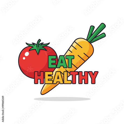 Vibrant cartoon illustration promoting healthy eating with a tomato and carrot on a white background.