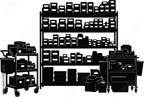 Black silhouette of warehouse shelving with stacked boxes and two mobile carts filled with inventory supplies viewed from front lighting shadow contrast