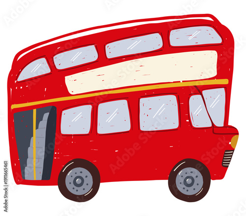 Red double decker bus in childlike hand drawn travel style inspired by London