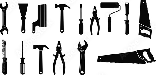 Hand Tools Silhouettes Collection Including Wrench Hammer Screwdriver Pliers Saw and Paint Roller Isolated on White Background for Construction and Home Repair Projects