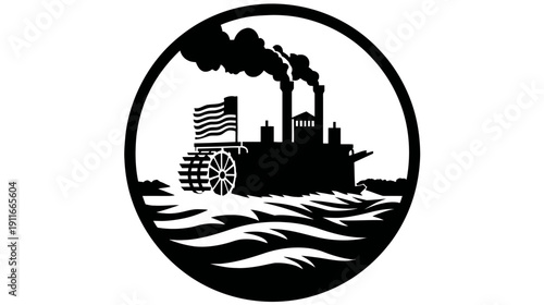 A black and white illustration of a paddle steamer inside a circle. It has smoke, a flag, and water