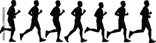 Male Runner Silhouettes Sequence Showing Jogging Motion Stages Isolated on White Background for Fitness Training, Marathon Preparation and Healthy Lifestyle Concepts