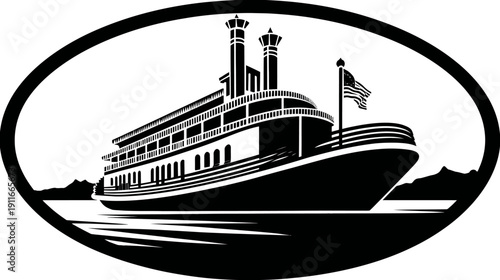 A black and white oval illustration depicts a steamboat with a US flag, traversing a river