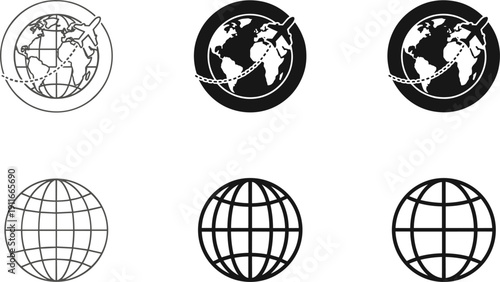 Air travel around the world globe icons set in solid and outline styles