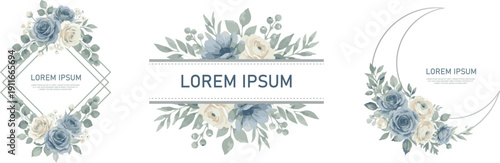 Elegant Blue Floral Frame and Botanical Wedding Invitation Template
