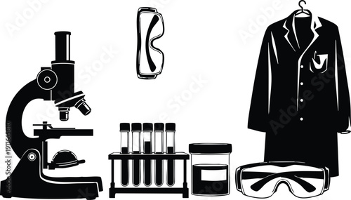 Black and white vector art of laboratory microscope test tubes safety goggles and lab coat in flat design scientific research equipment isolated on white background clean style