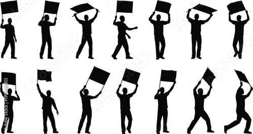 People Waving Blank Flags Silhouettes Collection in Various Poses Isolated on White Background for Protest, Demonstration, Political Campaign and Awareness Design Concepts