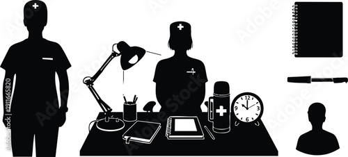 Black silhouette medical nurse standing and sitting behind desk with lamp notebook clock pen thermos medical cross symbols vector art minimalist icons
