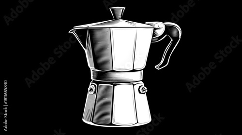 A grayscale, detailed illustration depicts a classic stovetop coffeemaker on a stark black background