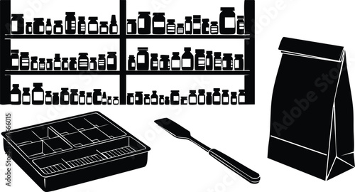 Black silhouette pharmacy shelves with medicine bottles plastic pill organizer spatula and sealed standing pouch container minimal flat design vector icons set