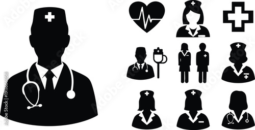 Black silhouette icons set of male and female doctor and nurse medical staff with stethoscope heart pulse sign and hospital cross symbols healthcare medicine vector art