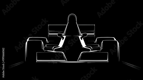 A white outlined race car is displayed against a black background, centered. Front view, simple lines