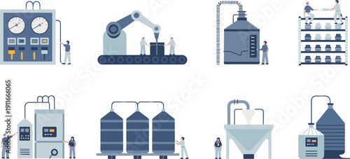 Industrial factory production process with robotic arm machinery storage tanks workers manufacturing equipment vector illustration collection isolated