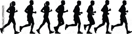 Running People Silhouettes Set Showing Male and Female Joggers in Motion Isolated on White Background for Fitness, Marathon and Healthy Lifestyle Concepts
