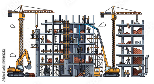 Construction Site with Cranes and Buildings.