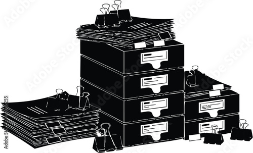 Black and white vector art of stacked filing cabinet drawers and piles of papers with binder clips in minimalist office document organization scene