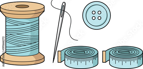 Sewing Supplies Set with Thread Spool Needle Button and Measuring Tape in Hand Drawn Flat Vector Illustration