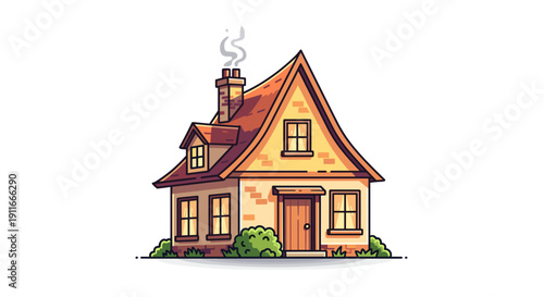 Cozy Cartoon House with Chimney and Roof.
