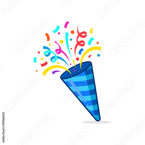 Vibrant blue party popper exploding with multicolored confetti and ribbons, symbolizing celebration and joy.