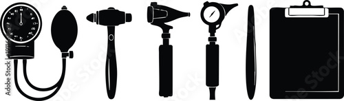 Black silhouette medical diagnostic tools blood pressure gauge reflex hammer otoscope sphygmomanometer tuning fork and clipboard vector set isolated on white background