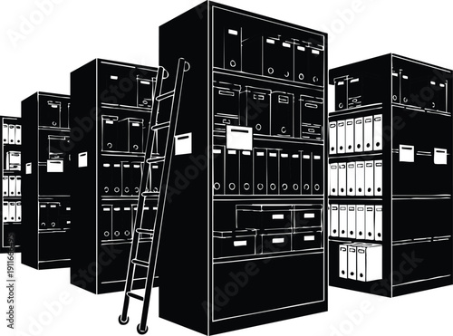 Black and white vector art of storage shelves with folders and files arranged neatly with rolling ladder viewed from low angle in office archive or library space