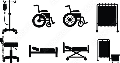 Minimalist black medical equipment icons including intravenous drip chair hospital bed stretcher folding curtain and medical stool in vector flat design