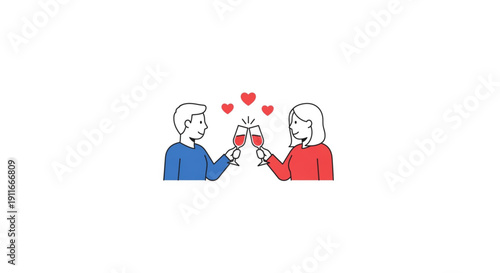 Couple toasting with champagne glasses, celebrating love with hearts above them, romantic gesture for Valentine's Day or anniversary