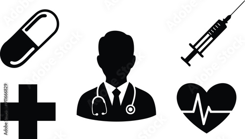 Black medical icons set including healthcare doctor silhouette with stethoscope heart with pulse cross syringe and capsule in flat design style