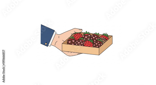 A hand holding a wooden tray filled with ripe strawberries and chocolate-covered strawberries