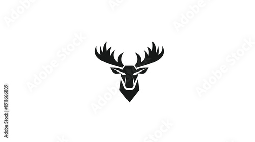 A geometric illustration of a majestic elk's head with large antlers. Black and white logo design