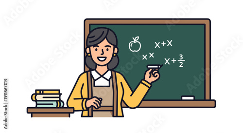 Female Teacher Explaining Math on Blackboard.