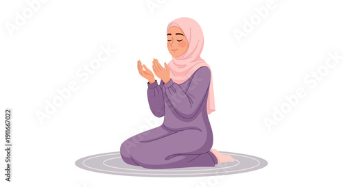 Young Muslim Woman Praying on Prayer Mat, Wearing Hijab and Traditional Dress