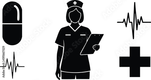 Flat design medical nurse holding clipboard surrounded by capsule pill heartbeat line and medical cross symbols in black silhouette
