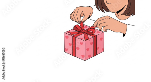 Hands tying a red ribbon on a pink gift box adorned with hearts, perfect for celebrations and special occasions