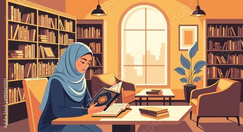 Young Muslim woman reading book in library, hijab, education, knowledge, peaceful atmosphere