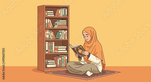 Young Muslim Woman Reading Book Near Bookshelf