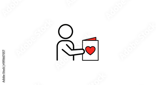 Icon of a person holding a card with a heart symbol, representing love, affection, and sending greetings or wishes for special occasions like Valentine's Day or anniversaries