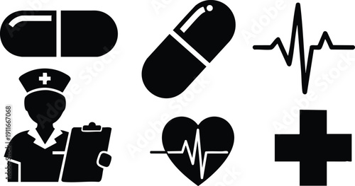 Minimalist black silhouette medical icons including nurse with clipboard capsule pills heartbeat line heart shape and medical cross symbols in vector style