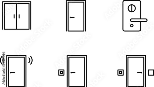 Door icons set featuring entrance security access and smart lock outline illustrations