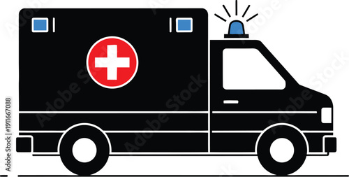 Black ambulance vector illustration on scene, emergency medical vehicle, rescue, health service
