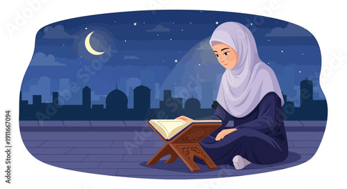 Young Muslim Woman Reading Quran at Night Under Crescent Moon