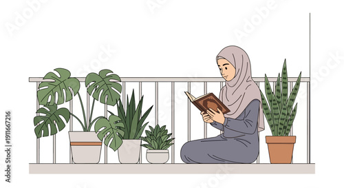 Young Muslim Woman Reading Quran on Balcony Surrounded by Potted Plants