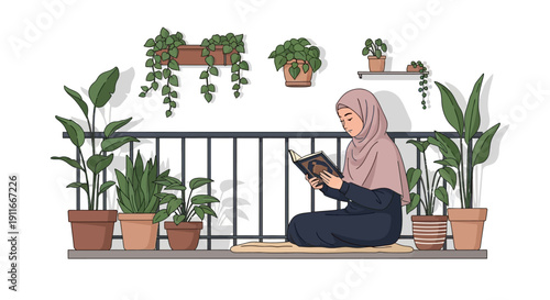 Young Muslim Woman Reading Quran on Balcony Surrounded by Potted Plants