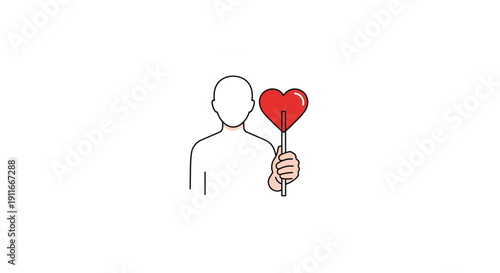 Minimalist graphic illustration of an anonymous person holding a large red heart on a stick, symbolizing love, care, romance, and emotional connection or support