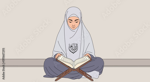Young Muslim woman reading the Quran with a serene expression, seated cross-legged.