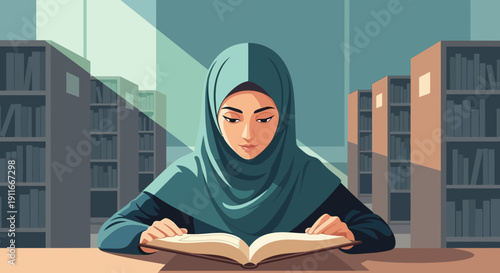 Young Muslim woman wearing hijab reading book in library, focused study, knowledge, education