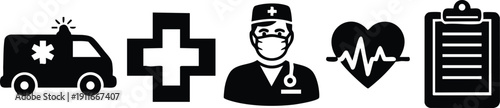 Black medical icons set including ambulance vehicle with siren medical cross doctor with mask heart pulse monitor and clipboard checklist in simple vector style