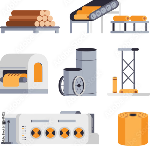 Wood processing factory equipment set with conveyor sawmill logs timber machinery industrial production vector illustration collection isolated