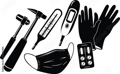 Black and white vector art of medical and repair tools including hammer reflex hammer thermometer digital thermometer protective gloves medical pills and face mask isolated on white background