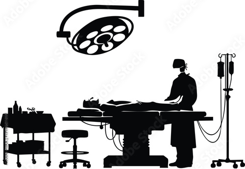 Black silhouette of surgeon performing operation on patient lying on adjustable operating table with surgical lamp and medical equipment in hospital room vector art